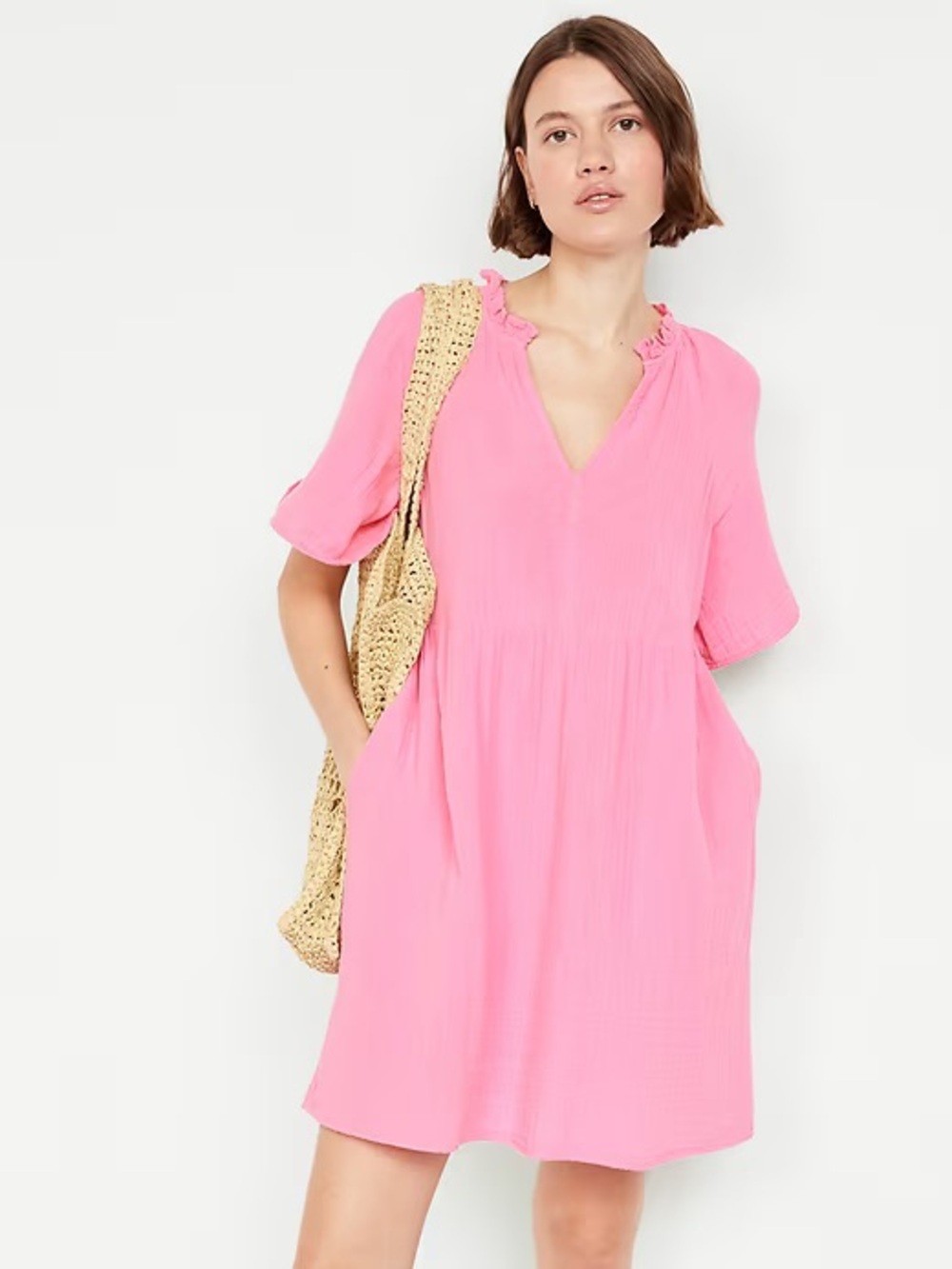 Bubblegum Pink Split-Neck Gauze Mini Swing Dress NWOT